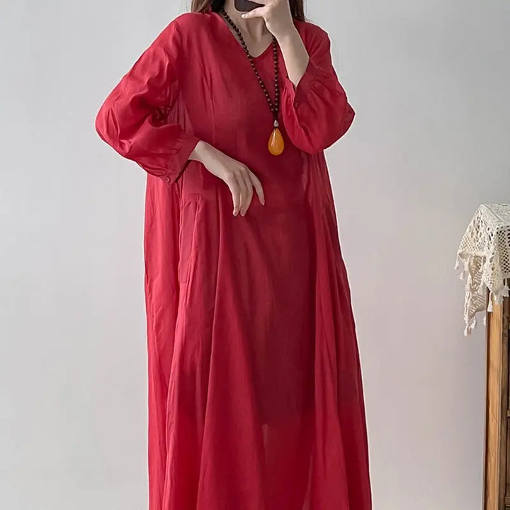 Red Linen Dress V-Neck Wrap Dress with 3/4 Sleeves Thebesttailor