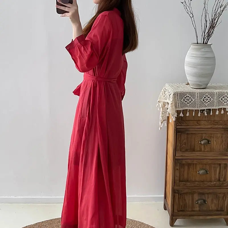 Red Linen Dress V-Neck Wrap Dress with 3/4 Sleeves Thebesttailor