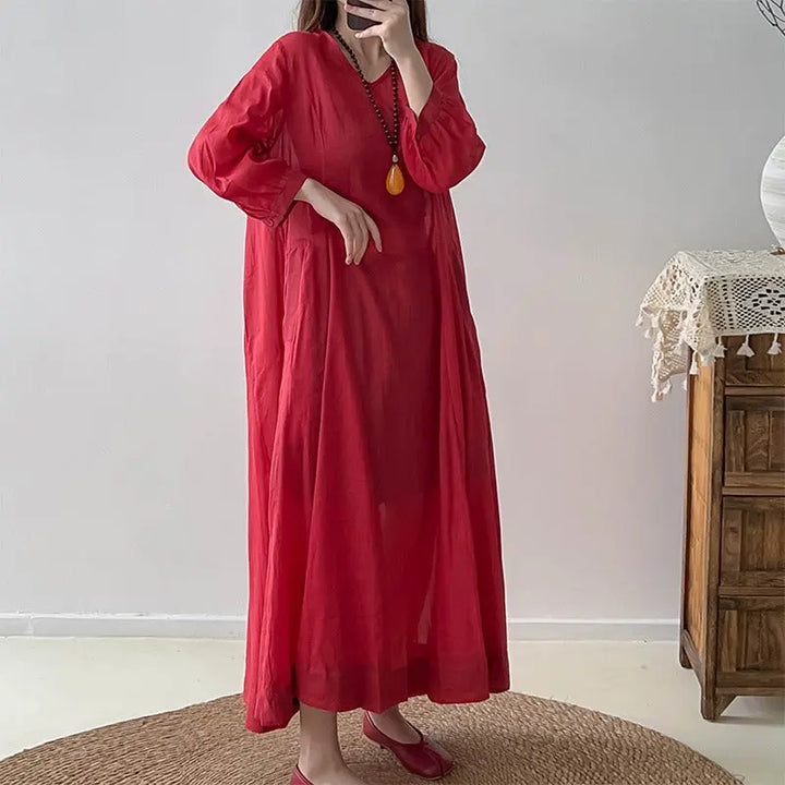 Red Linen Dress V-Neck Wrap Dress with 3/4 Sleeves Thebesttailor