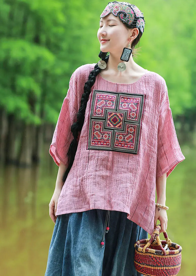 Pink Women's Tops Linen Embroidered Blouse with Totem Pattern Thebesttailor