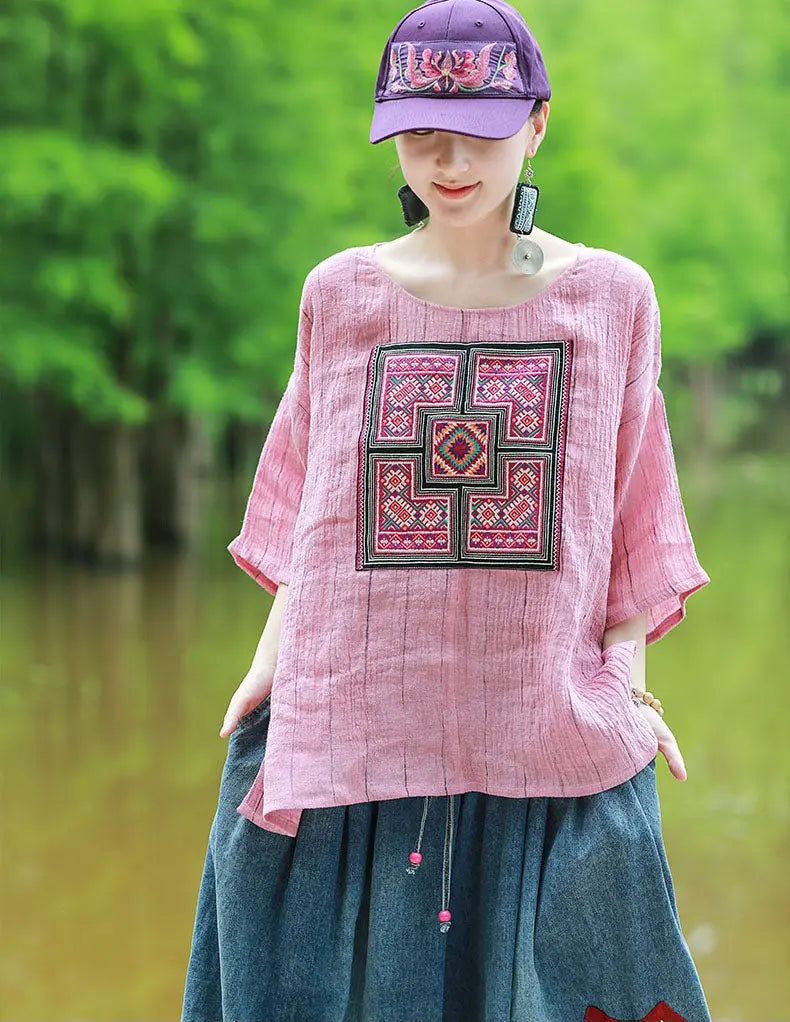 Pink Women's Tops Linen Embroidered Blouse with Totem Pattern Thebesttailor