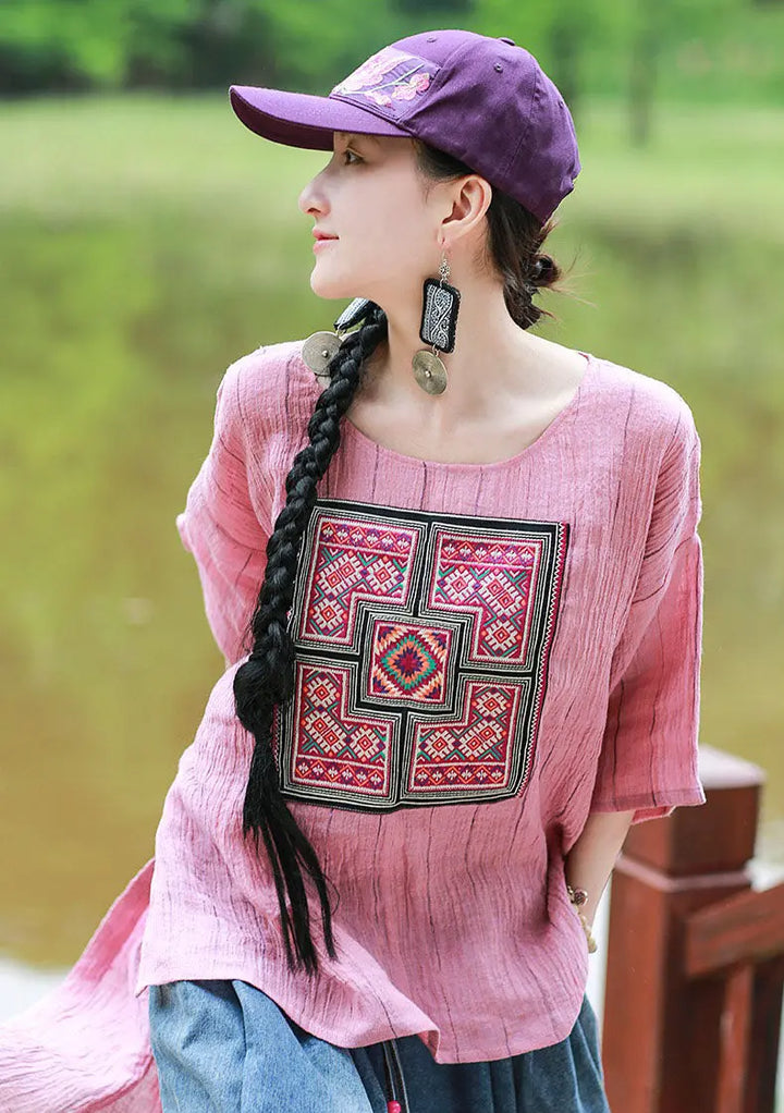 Pink Women's Tops Linen Embroidered Blouse with Totem Pattern Thebesttailor