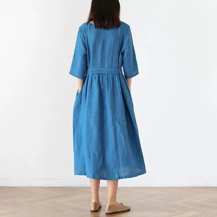 Linen Dress Stand-Up Collar Dress with Half Sleeves - Thebesttailor