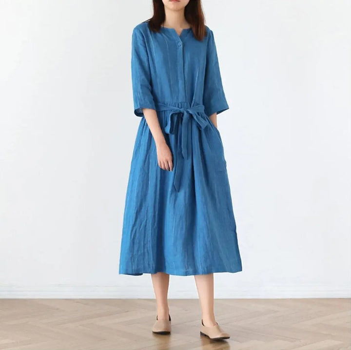 Linen Dress Stand-Up Collar Dress with Half Sleeves - Thebesttailor