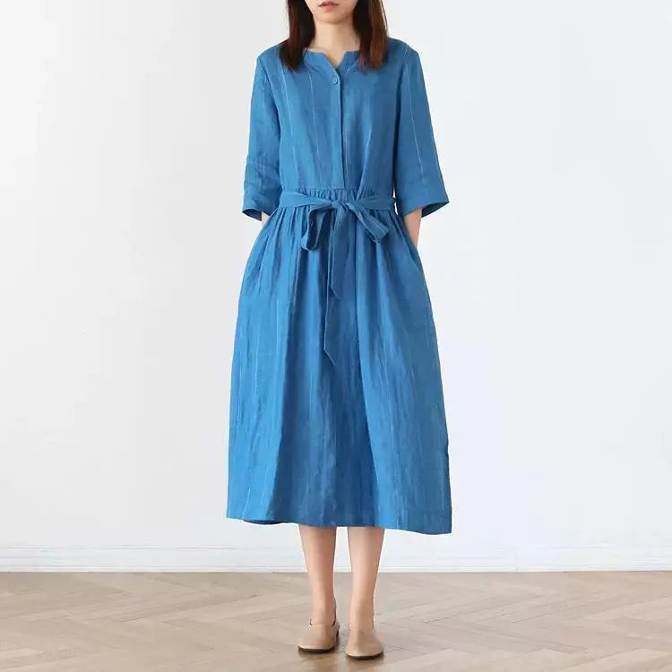 Linen Dress Stand-Up Collar Dress with Half Sleeves - Thebesttailor