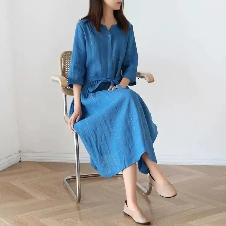 Linen Dress Stand-Up Collar Dress with Half Sleeves - Thebesttailor