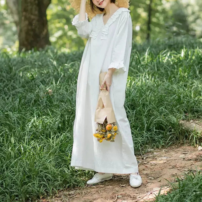 White Linen V-neck Princess Dress with Nine-point Sleeves Thebesttailor