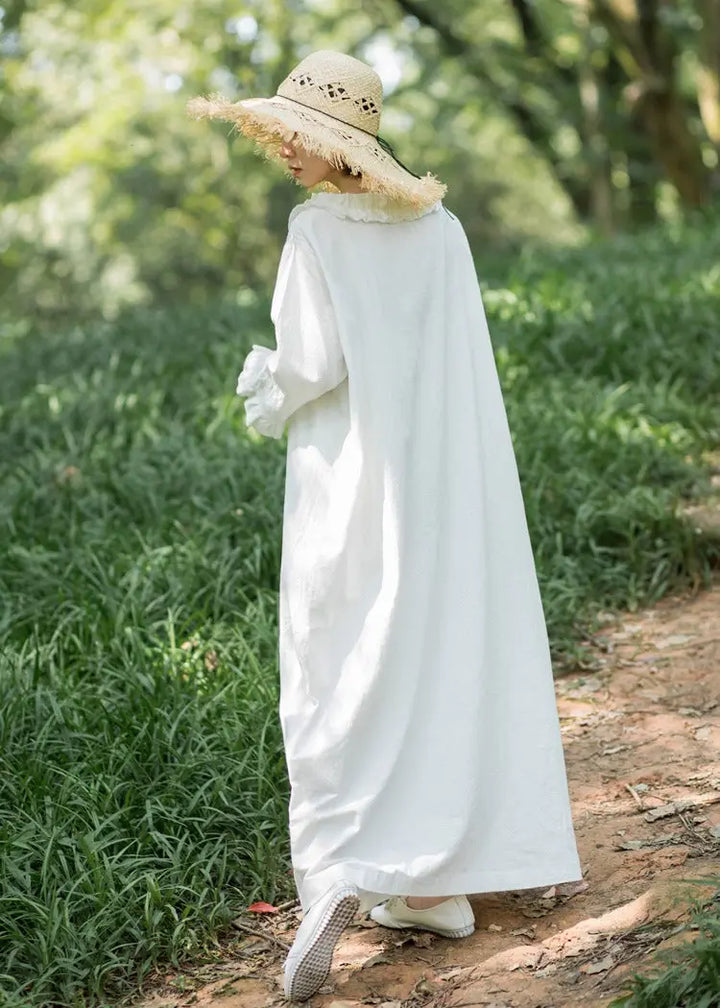 White Linen V-neck Princess Dress with Nine-point Sleeves Thebesttailor