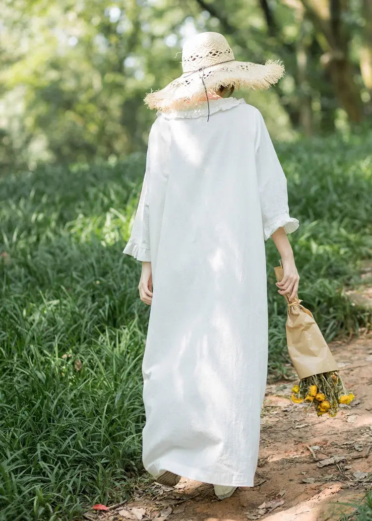 White Linen V-neck Princess Dress with Nine-point Sleeves Thebesttailor