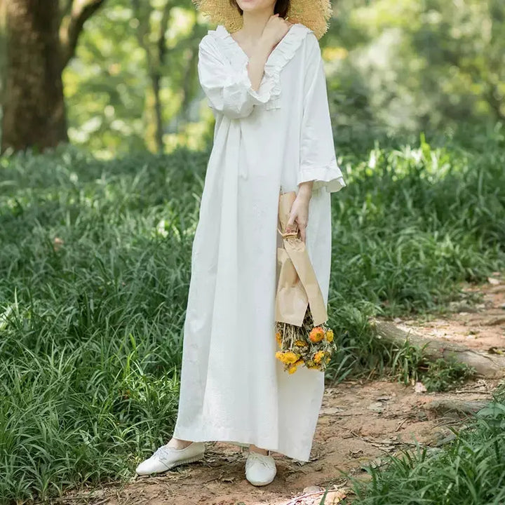 White Linen V-neck Princess Dress with Nine-point Sleeves Thebesttailor