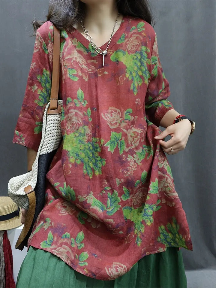 Linen Sheer V-Neck Top Ramie Tunic Oversized Tunic Print Beach Tunic Summer Vacation Outfit Thebesttailor