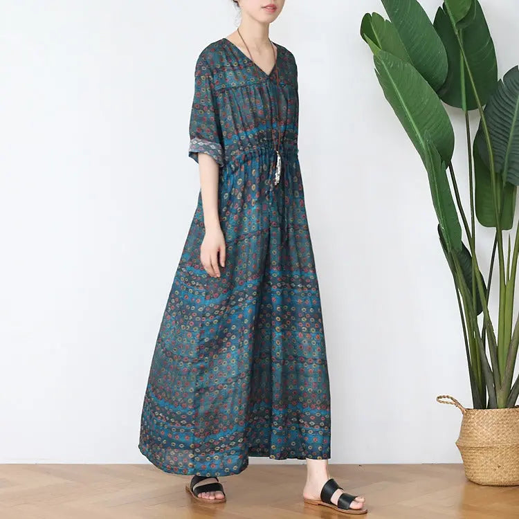 boho maxi dress Casual Floral Summer Dress V-Neck Dresses Thebesttailor