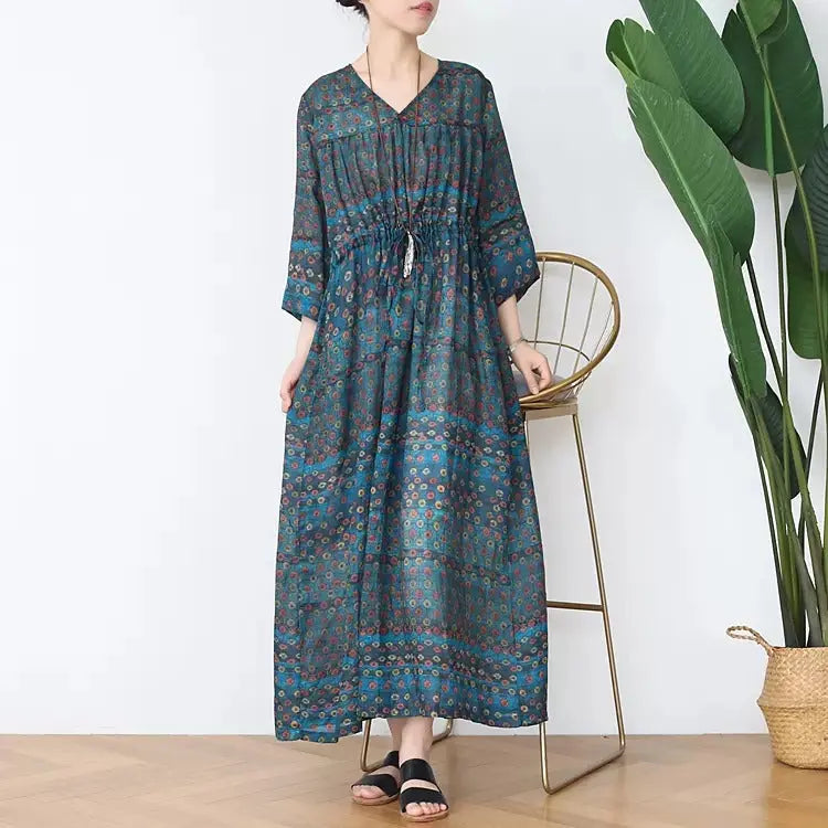 boho maxi dress Casual Floral Summer Dress V-Neck Dresses Thebesttailor