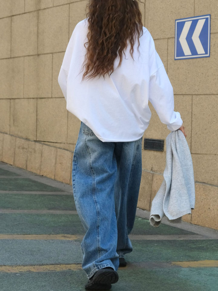 Blue denim high waist wide leg pants