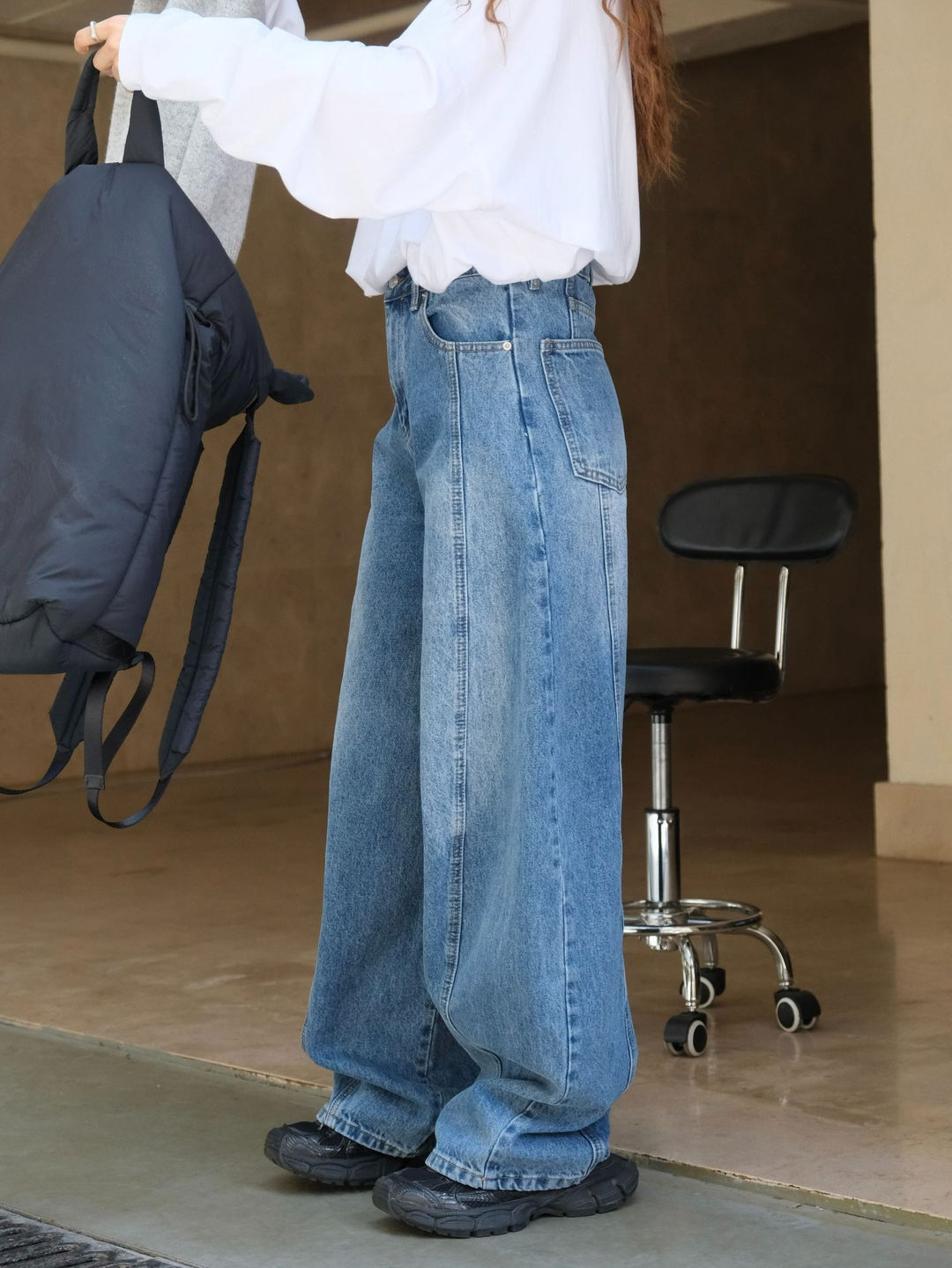 Blue denim high waist wide leg pants