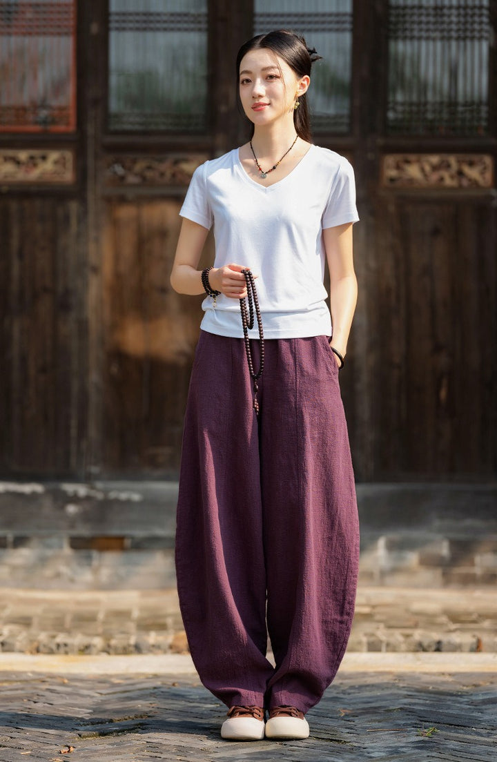 linen harem pants women's Meditation Elastic Waist Large Loose