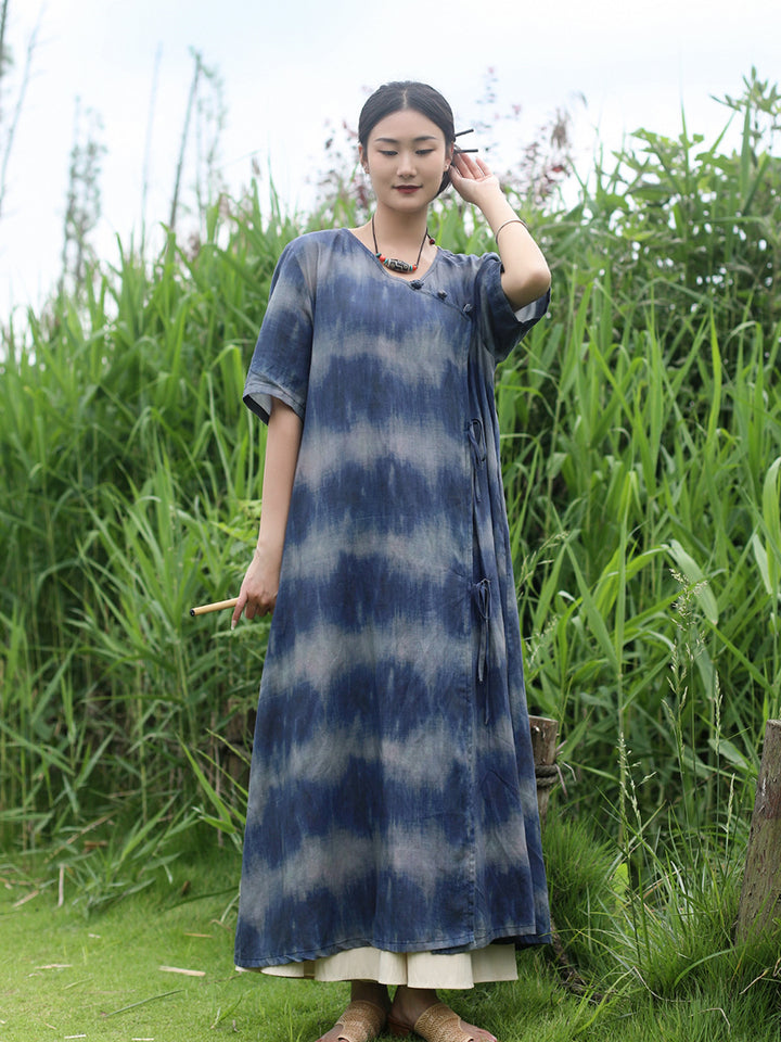 Bohemian Blue Striped Silk Tie-Dye Half-Sleeved Dress-Women's dress-Thebesttailor-Thebesttailor