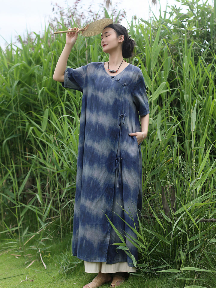 Bohemian Blue Striped Silk Tie-Dye Half-Sleeved Dress-Women's dress-Thebesttailor-Thebesttailor