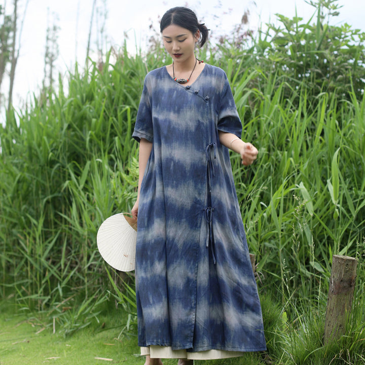 Bohemian Blue Striped Silk Tie-Dye Half-Sleeved Dress-Women's dress-Thebesttailor-Thebesttailor