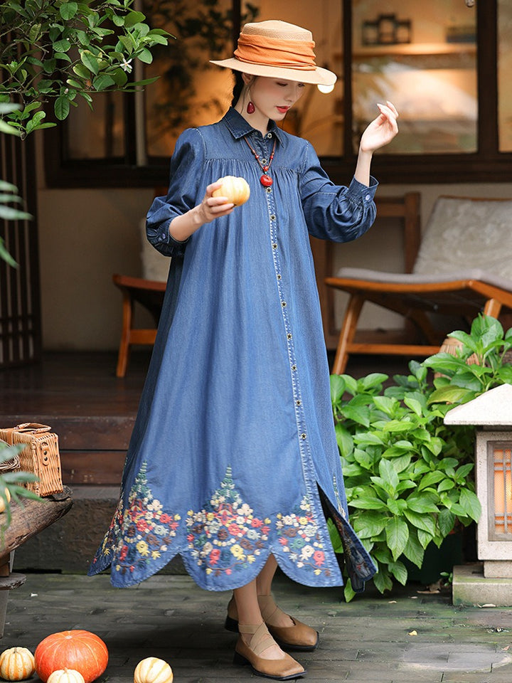 Mother's Birthday Gift Polo Collar Cardigan Dress Denim-Women's dress-Thebesttailor-Thebesttailor