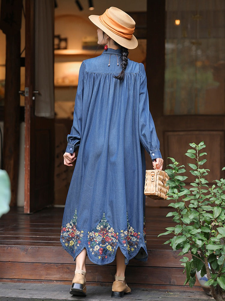 Mother's Birthday Gift Polo Collar Cardigan Dress Denim-Women's dress-Thebesttailor-Thebesttailor