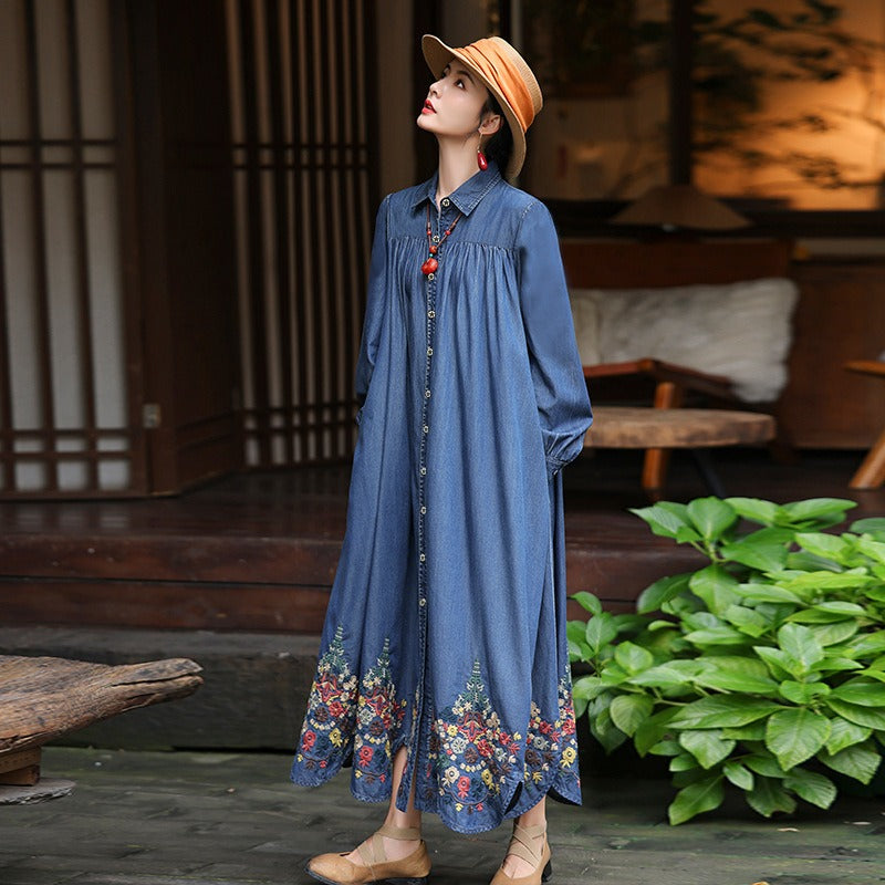 Mother's Birthday Gift Polo Collar Cardigan Dress Denim-Women's dress-Thebesttailor-M-Blue-Denim-Thebesttailor