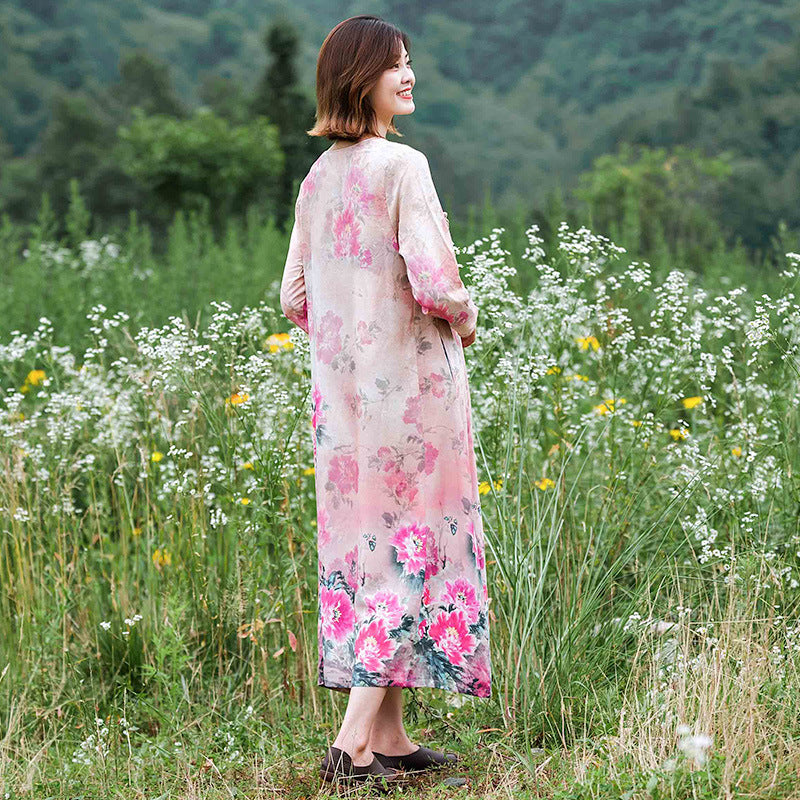 Elegant Women's summer cotton dresses Pink peony flower long dress with bracelet sleeves, perfect for holiday outings.