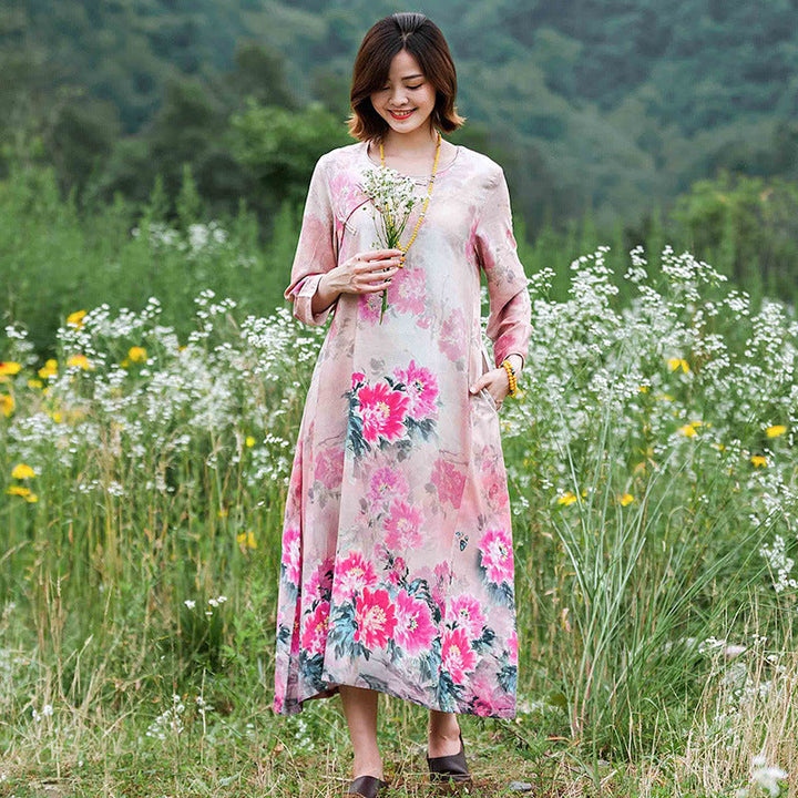 Stylish Women's summer cotton dresses Pink peony flower long dress with bracelet sleeves perfect for holidays.