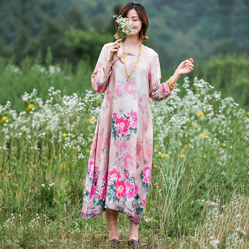 Women's summer cotton dresses Pink peony flower long dress with bracelet sleeves, perfect for holidays in style.