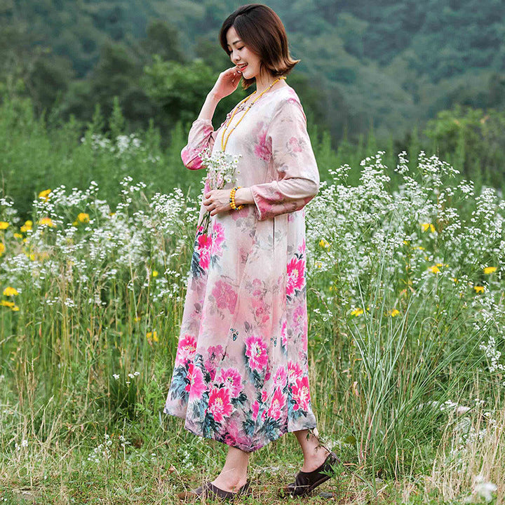 Elegant Women's summer cotton dresses Pink peony flower long dress with bracelet sleeves, perfect for holiday outings.