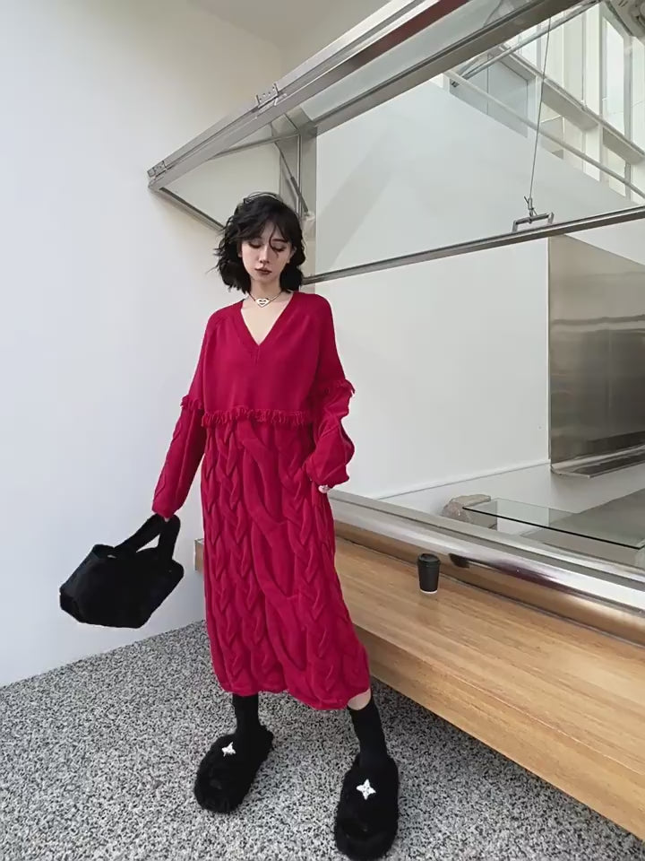 Red V-Neck Sweater Maxi Dress for Women