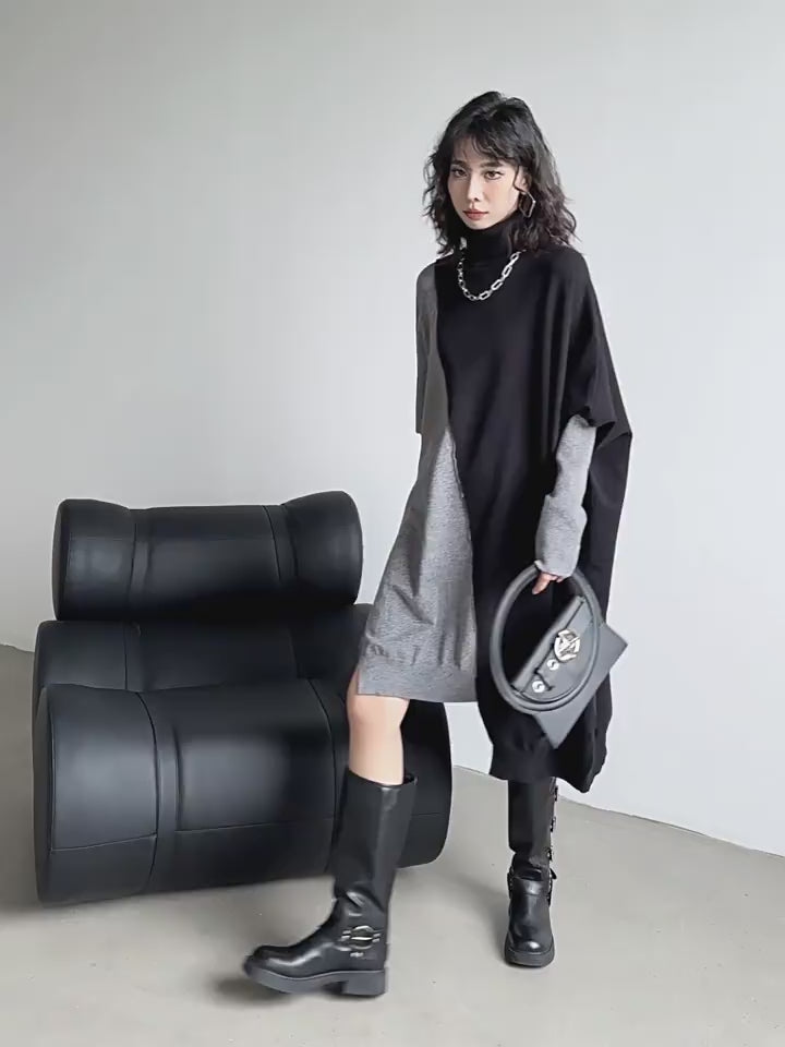 Stylish winter sweater dress with long bat sleeves and color block design